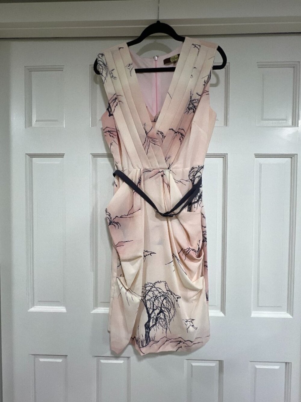 Eva Franco Pink Landscape Print Draped Dress | Belted with Pockets | Size 10